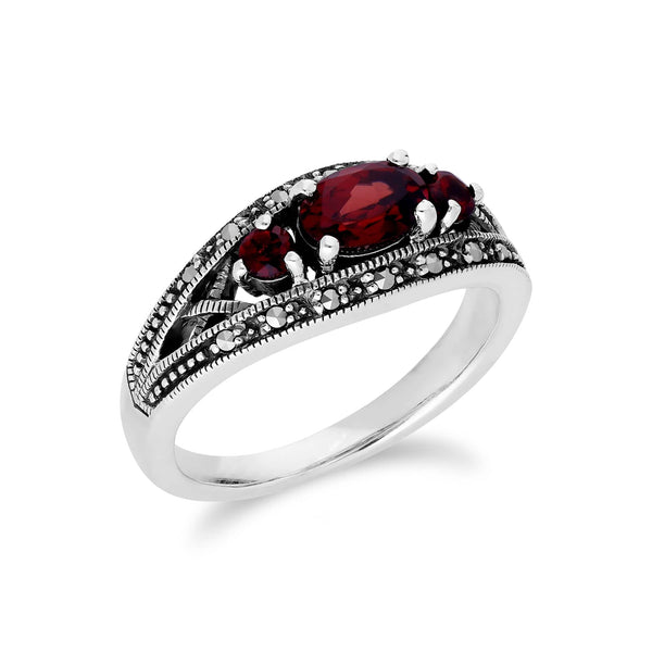 Gemondo Art Deco Style Oval Garnet & Marcasite Three Stone Ring In 925 Sterling Silver