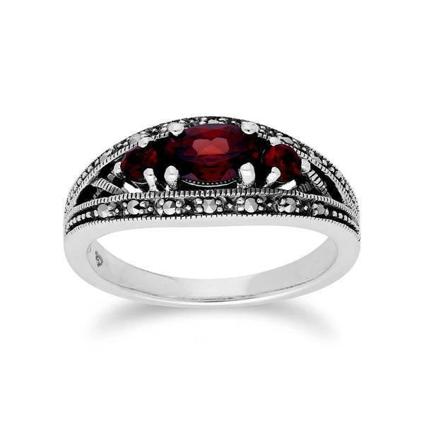 gemondo Art Deco Style Oval Garnet & Marcasite Three Stone Ring in 925 Sterling Silver