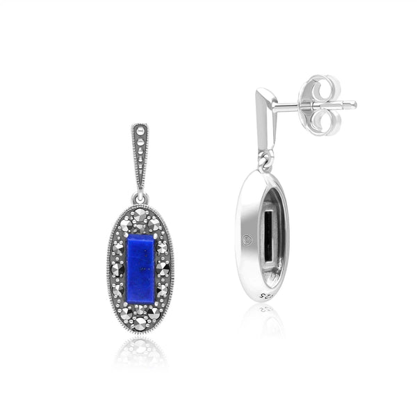 Gemondo Art Deco Style Oval Lapis Lazuli And Marcasite Drop Earrings In Sterling Silver