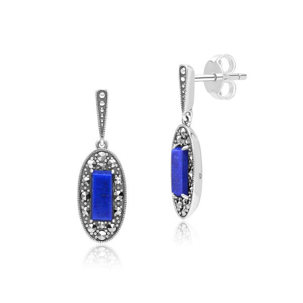 gemondo Art Deco Style Oval Lapis Lazuli and Marcasite Drop Earrings in Sterling Silver