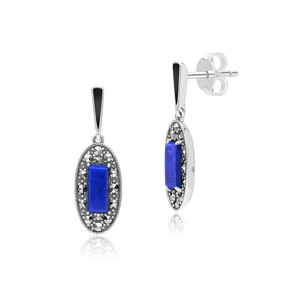 gemondo Art Deco Style Oval Lapis Lazuli Marcasite and Black Enamel Drop Earrings in Sterling Silver