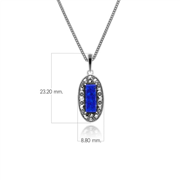 Gemondo Art Deco Style Oval Lapis Lazuli Marcasite And Black Enamel Pendant Necklace In Sterling Silver