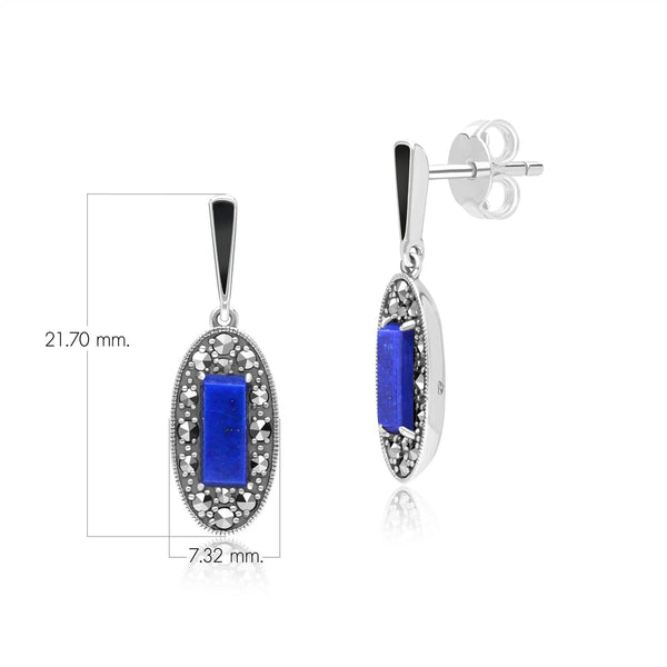 Gemondo Art Deco Style Oval Lapis Lazuli Marcasite And Black Enamel Drop Earrings In Sterling Silver
