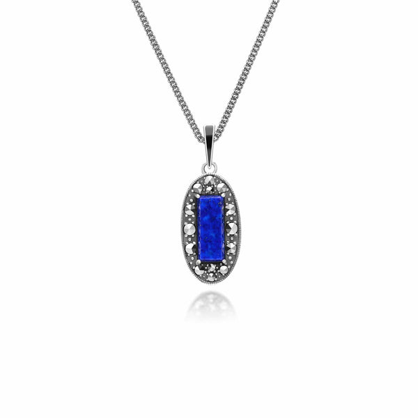 gemondo Art Deco Style Oval Lapis Lazuli Marcasite and Black Enamel Pendant Necklace in Sterling Silver