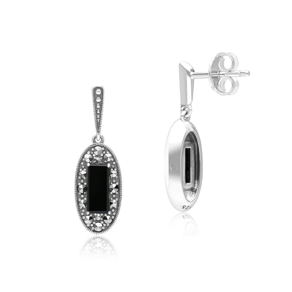 Gemondo Art Deco Style Oval Onyx And Marcasite Drop Earrings In Sterling Silver