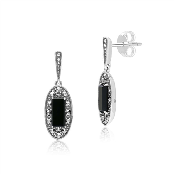 gemondo Art Deco Style Oval Onyx and Marcasite Drop Earrings in Sterling Silver