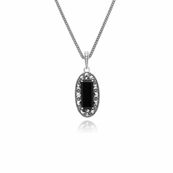 gemondo Art Deco Style Oval Onyx and Marcasite Pendant Necklace in Sterling Silver