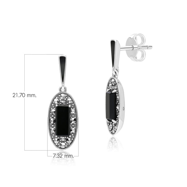 Gemondo Art Deco Style Oval Onyx Marcasite And Black Enamel Drop Earrings In Sterling Silver