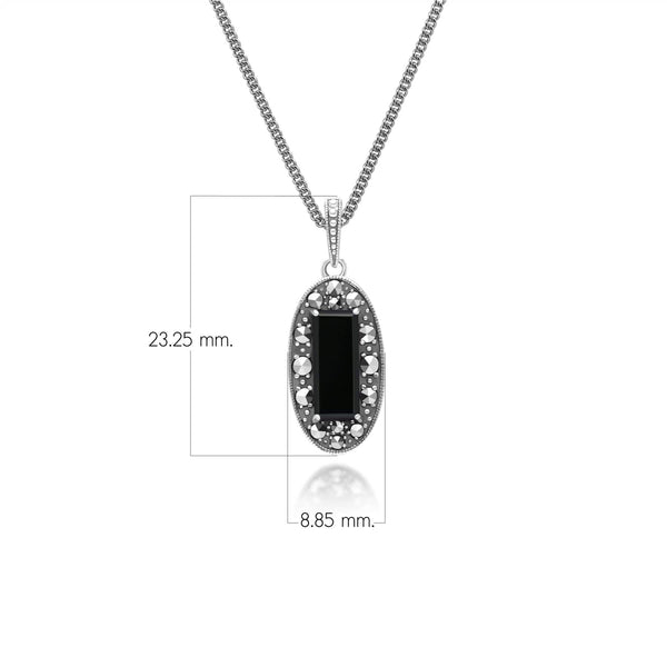 Gemondo Art Deco Style Oval Onyx Marcasite And Black Enamel Pendant Necklace In Sterling Silver