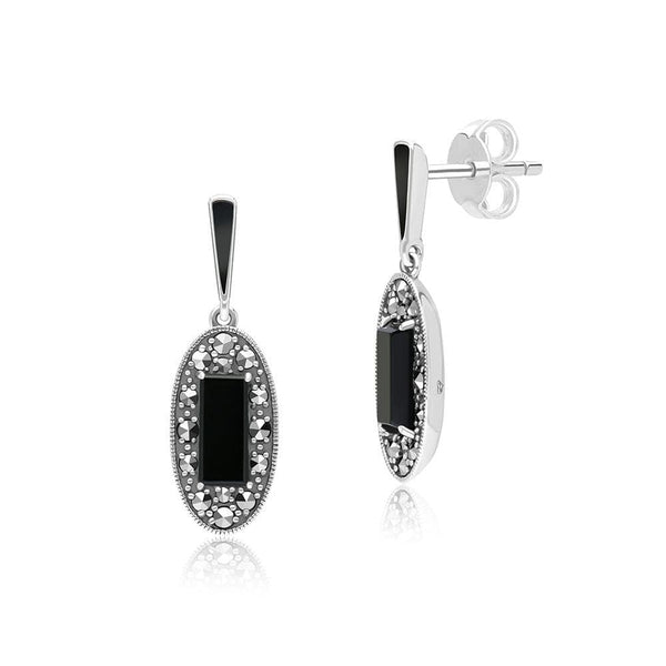 gemondo Art Deco Style Oval Onyx Marcasite and Black Enamel Drop Earrings in Sterling Silver
