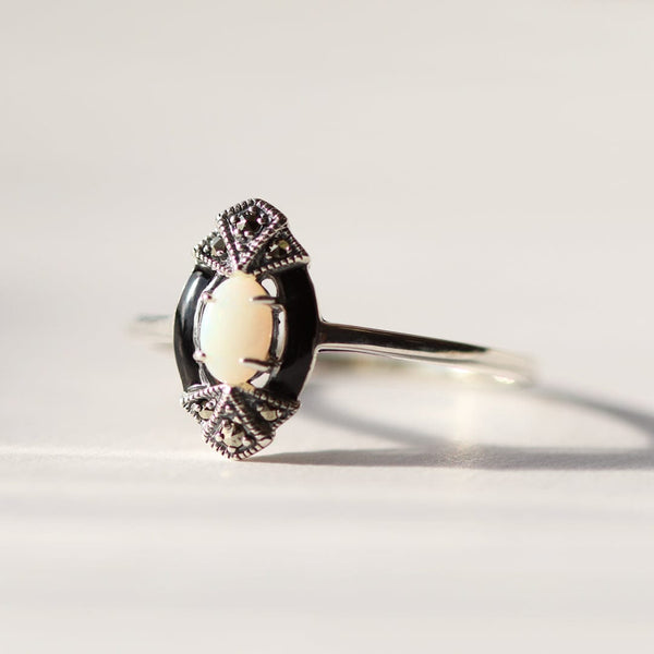Gemondo Art Deco Style Oval Opal Marcasite & Black Enamel Marquise Ring In Sterling Silver