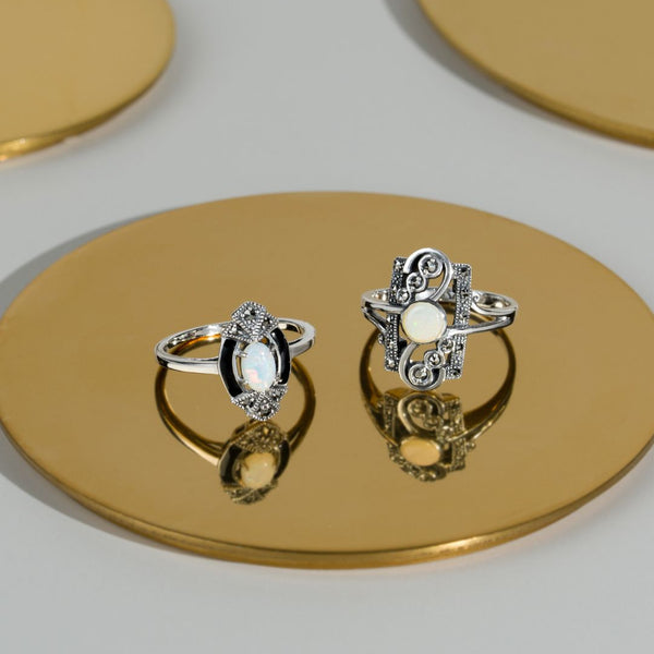 Gemondo Art Deco Style Oval Opal Marcasite & Black Enamel Marquise Ring In Sterling Silver