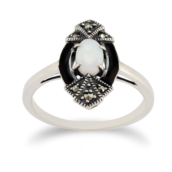 gemondo Art Deco Style Oval Opal Marcasite & Black Enamel Marquise Ring In Sterling Silver