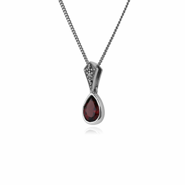 Gemondo Art Deco Style Oval Pear Garnet & Marcasite Pendant In 925 Sterling Silver