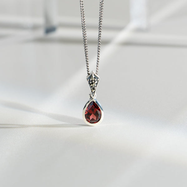 Gemondo Art Deco Style Oval Pear Garnet & Marcasite Pendant In 925 Sterling Silver