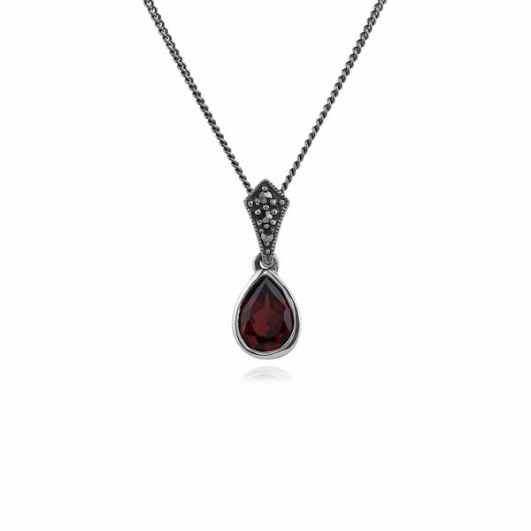 gemondo Art Deco Style Oval Pear Garnet & Marcasite Pendant in 925 Sterling Silver