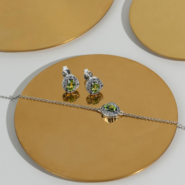 Gemondo Art Deco Style Oval Peridot & Marcasite Cluster Bracelet In 925 Sterling Silver
