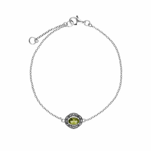 Gemondo Art Deco Style Oval Peridot & Marcasite Cluster Bracelet In 925 Sterling Silver