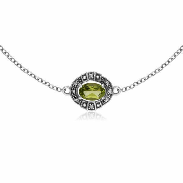 gemondo Art Deco Style Oval Peridot & Marcasite Cluster Bracelet in 925 Sterling Silver