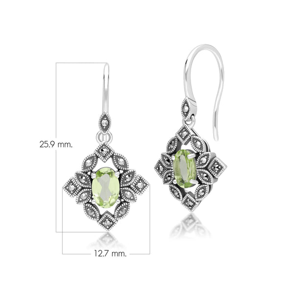 Gemondo Art Deco Style Oval Peridot & Marcasite Drop Earrings In Sterling Silver