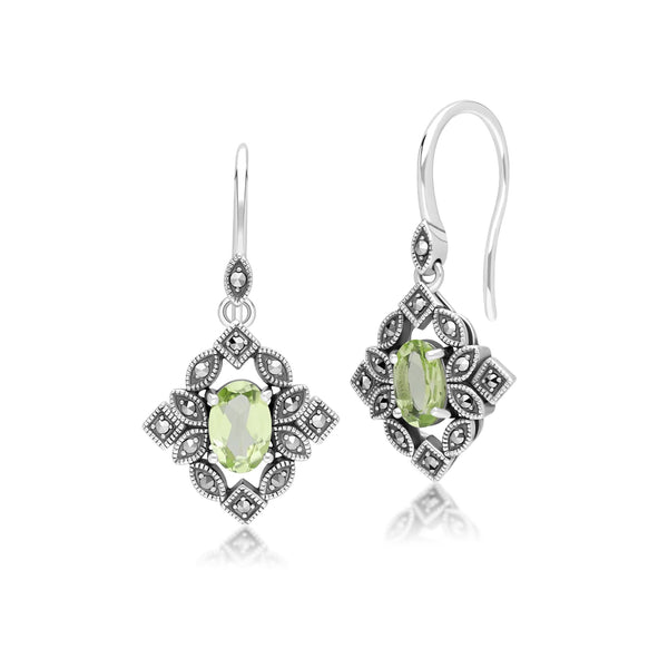 gemondo Art Deco Style Oval Peridot & Marcasite Drop Earrings in Sterling Silver
