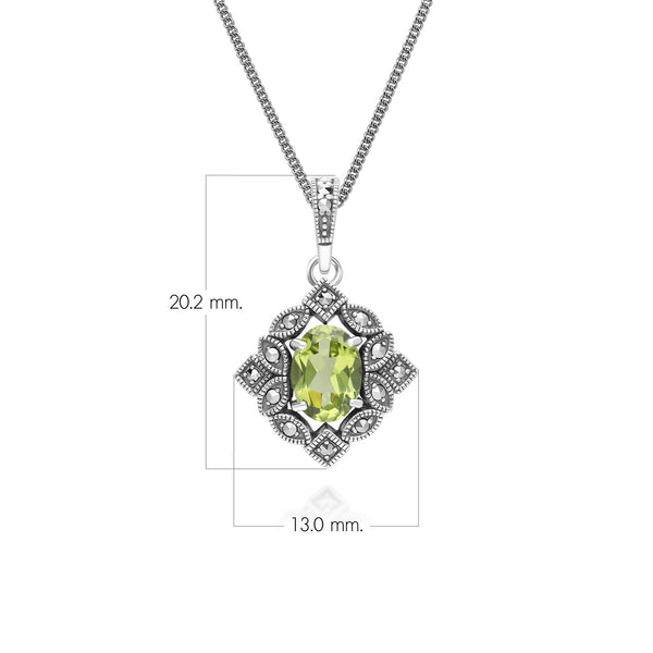 Gemondo Art Deco Style Oval Peridot & Marcasite Pendant Necklace In Sterling Silver