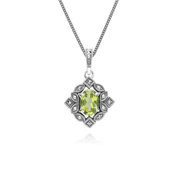 gemondo Art Deco Style Oval Peridot & Marcasite Pendant Necklace in Sterling Silver