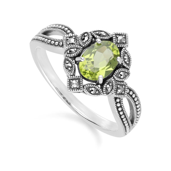 Gemondo Art Deco Style Oval Peridot & Marcasite Ring In Sterling Silver
