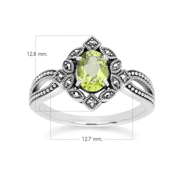 Gemondo Art Deco Style Oval Peridot & Marcasite Ring In Sterling Silver