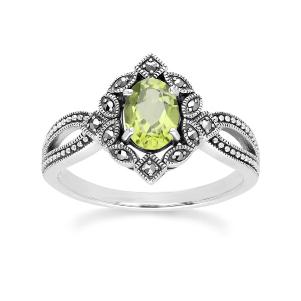 gemondo Art Deco Style Oval Peridot & Marcasite Ring in Sterling Silver