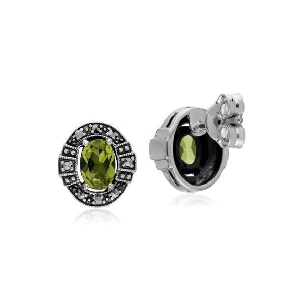 Gemondo Art Deco Style Oval Peridot & Marcasite Stud Earrings In 925 Sterling Silver