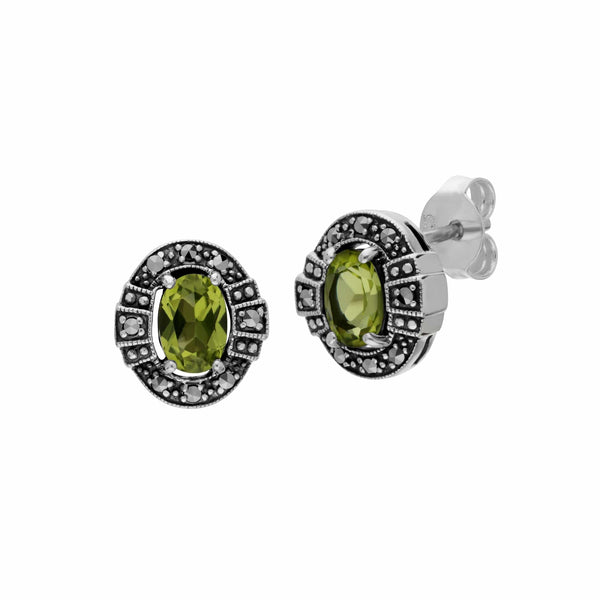 gemondo Art Deco Style Oval Peridot & Marcasite Stud Earrings in 925 Sterling Silver