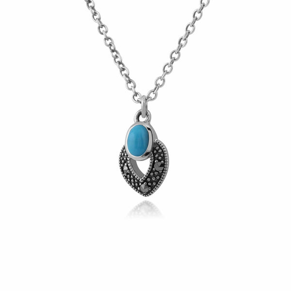 Gemondo Art Deco Style Oval Turquoise & Marcasite Necklace In 925 Sterling Silver