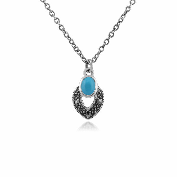 gemondo Art Deco Style Oval Turquoise & Marcasite Necklace in 925 Sterling Silver