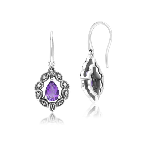 Gemondo Art Deco Style Pear Amethyst & Marcasite Drop Earrings In Sterling Silver
