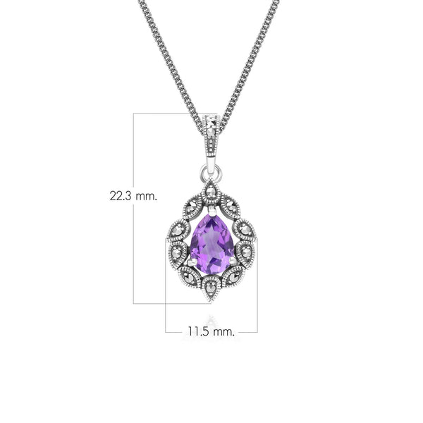 Gemondo Art Deco Style Pear Amethyst & Marcasite Pendant Necklace In Sterling Silver