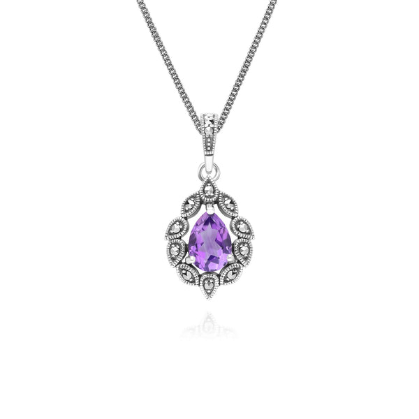 gemondo Art Deco Style Pear Amethyst & Marcasite Pendant Necklace in Sterling Silver