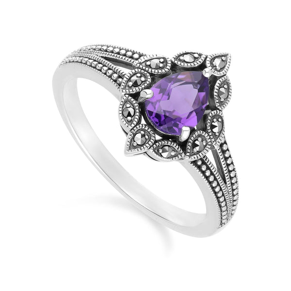 Gemondo Art Deco Style Pear Amethyst & Marcasite Ring In Sterling Silver
