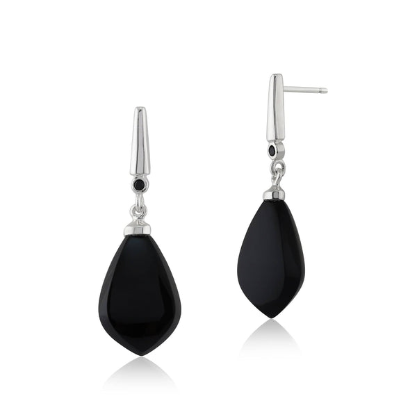 gemondo Art Deco Style Pear Black Onyx & Black Spinel Drop Earrings in 925 Sterling Silver