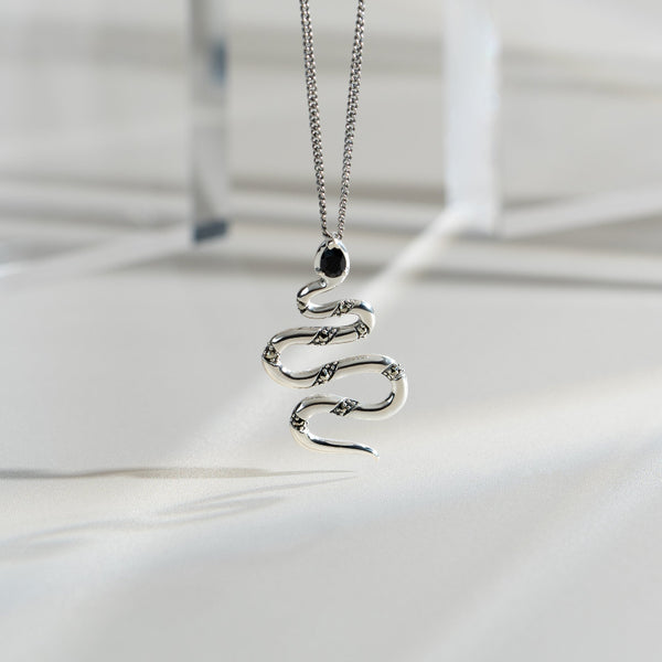 Gemondo Art Deco Style Pear Black Spinel & Marcasite Snake Necklace In 925 Sterling Silver