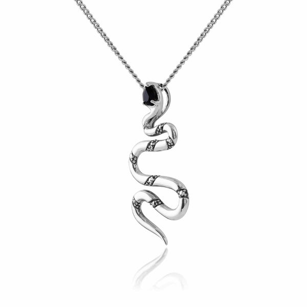 Gemondo Art Deco Style Pear Black Spinel & Marcasite Snake Necklace In 925 Sterling Silver