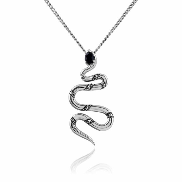 gemondo Art Deco Style Pear Black Spinel & Marcasite Snake Necklace in 925 Sterling Silver