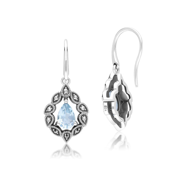 Gemondo Art Deco Style Pear Blue Topaz & Marcasite Drop Earrings In Sterling Silver