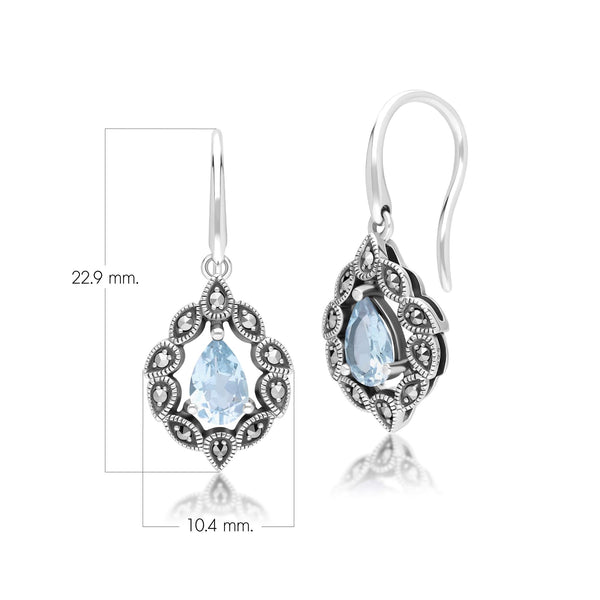 Gemondo Art Deco Style Pear Blue Topaz & Marcasite Drop Earrings In Sterling Silver