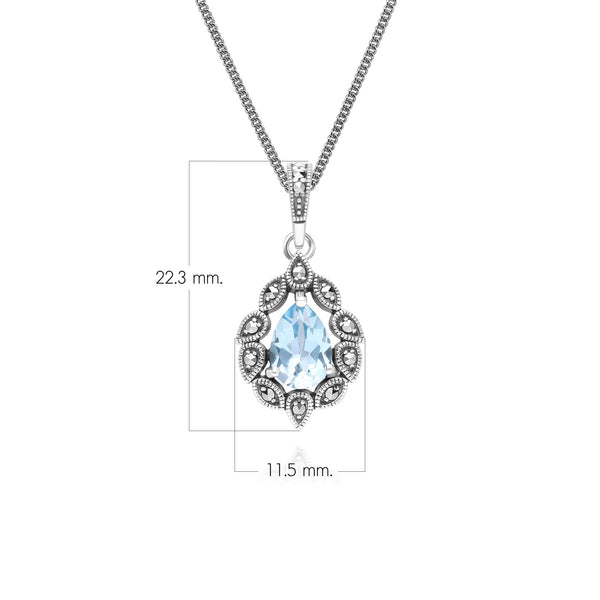 Gemondo Art Deco Style Pear Blue Topaz & Marcasite Pendant Necklace In Sterling Silver