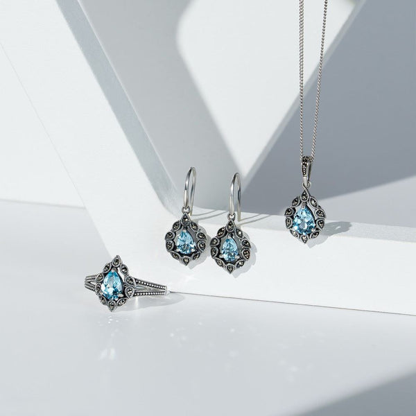 Gemondo Art Deco Style Pear Blue Topaz & Marcasite Pendant Necklace In Sterling Silver
