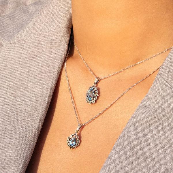 Gemondo Art Deco Style Pear Blue Topaz & Marcasite Pendant Necklace In Sterling Silver