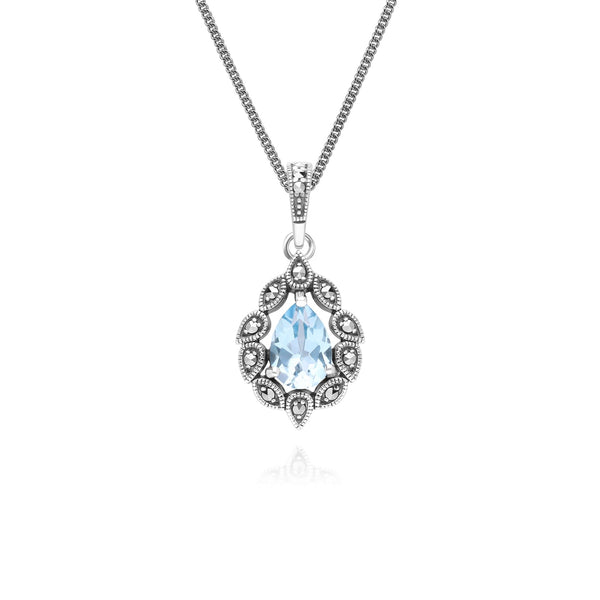 gemondo Art Deco Style Pear Blue Topaz & Marcasite Pendant Necklace in Sterling Silver
