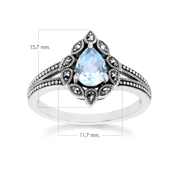 Gemondo Art Deco Style Pear Blue Topaz & Marcasite Ring In Sterling Silver