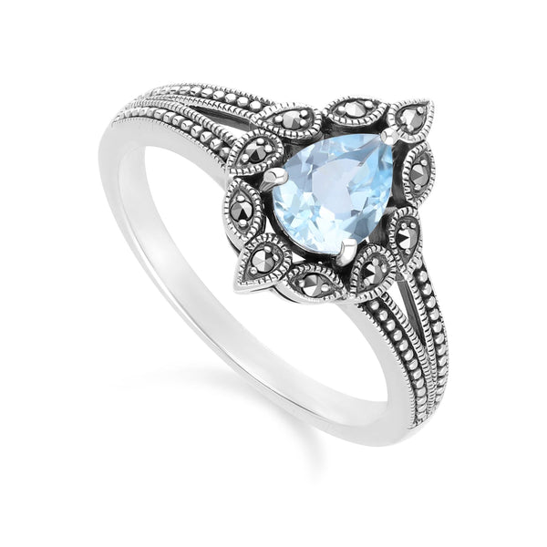 Gemondo Art Deco Style Pear Blue Topaz & Marcasite Ring In Sterling Silver